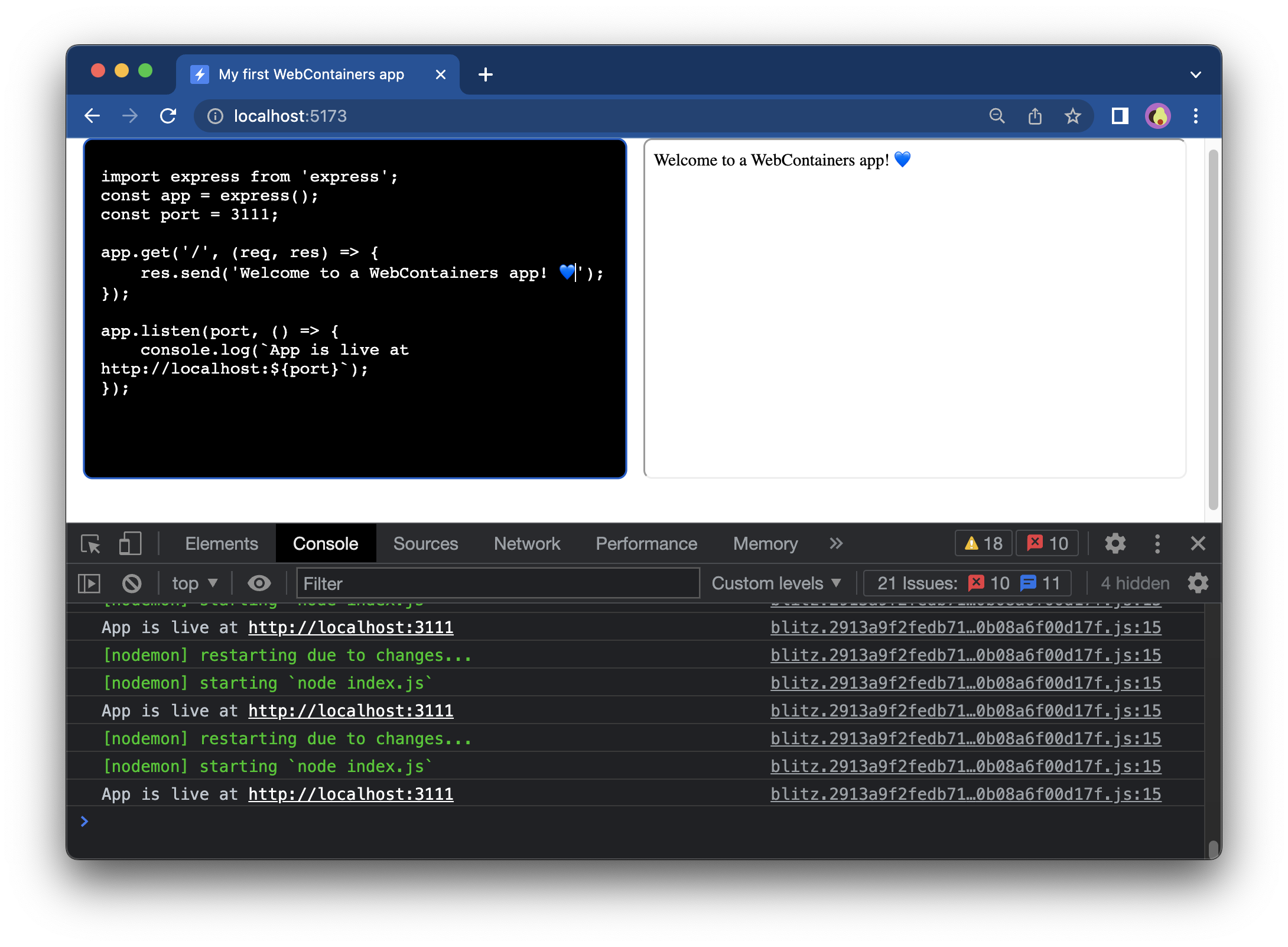 An app with a textarea showing express js index.js code on left, and its output on right side using an iframe