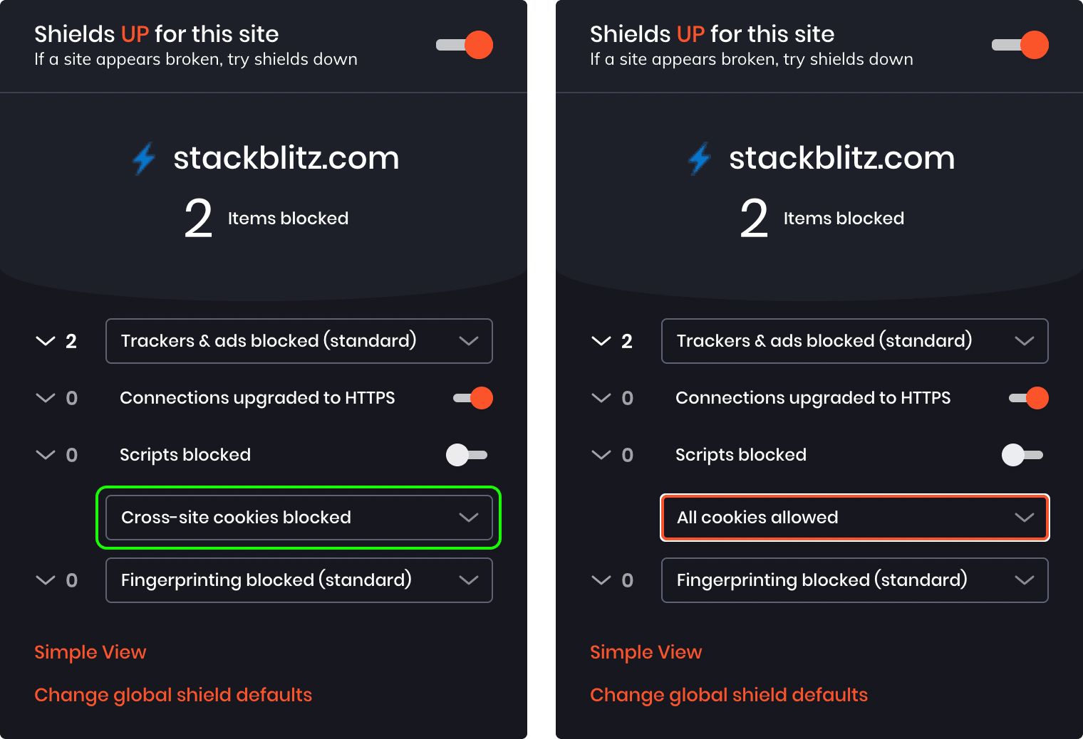 Screenshot showing the advanced view of the Shields configuration popup, with a drop-down selector for cross-site cookie permissions.